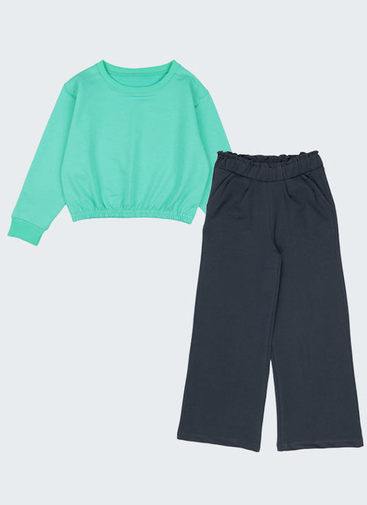 Crop Sweatshirt & Cloche Pants - Mint & Blue