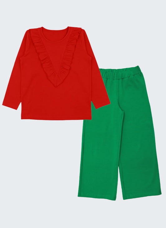 Loose Fit Ruffle Pajamas - Red Top