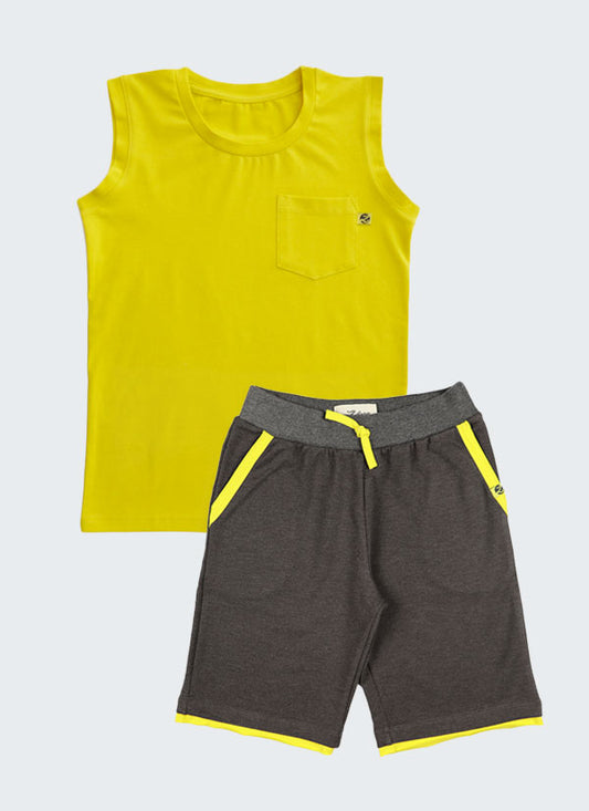 Sleeveless T-shirt & Shorts - Yellow & Gray